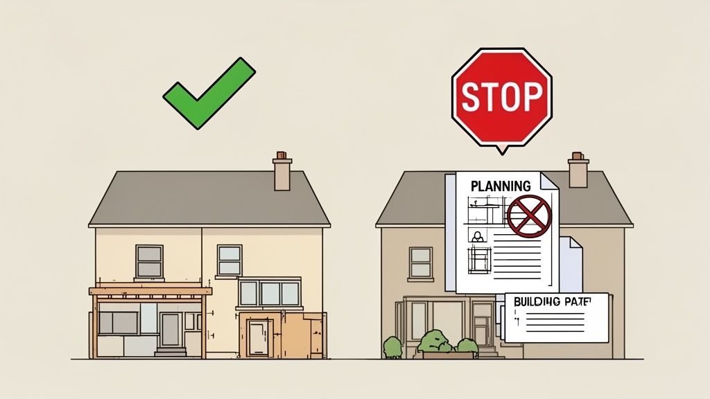 Illustration of two houses, one with an approved building project, the other with rejected planning documents.