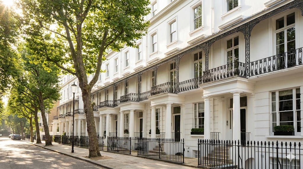 White stucco Victorian townhouses