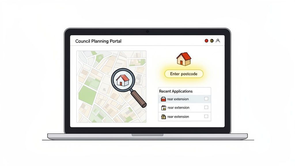 A laptop shows a council planning portal website with map, postcode search, and recent applications.