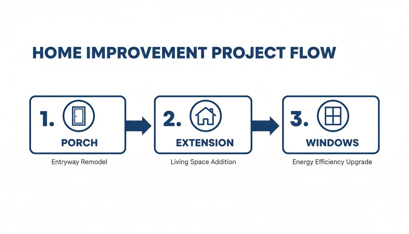 Flowchart illustrating three home improvement project steps: porch remodel, extension, and window upgrade.